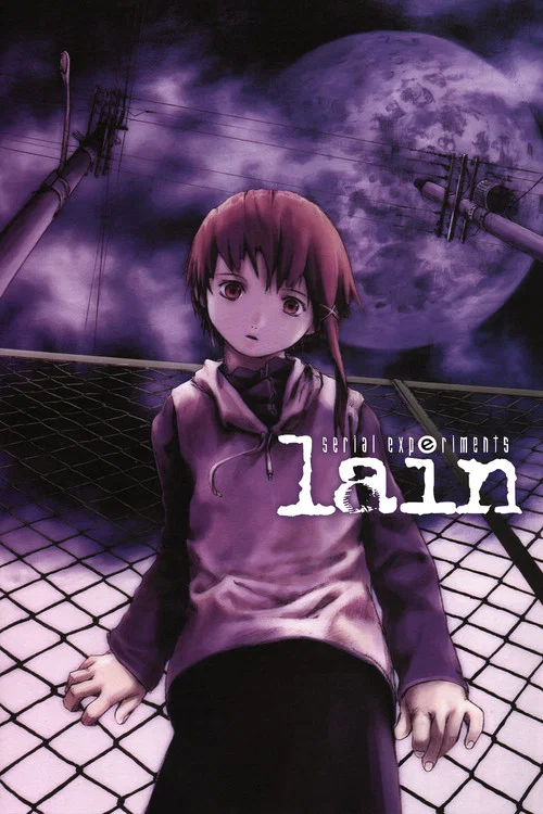 The poster features a young girl with purple hair standing in front of a large purple moon, surrounded by eerie, skeletal structures. The scene is dark and mysterious, with a grid pattern on the ground and a mysterious, unsettling atmosphere.