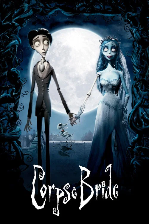The poster features a ghostly bride in a white gown holding hands with a tall, slender man in a tuxedo against a moonlit backdrop. The dark blue and black tones evoke a spooky yet romantic atmosphere, capturing the essence of the film's supernatural romance.