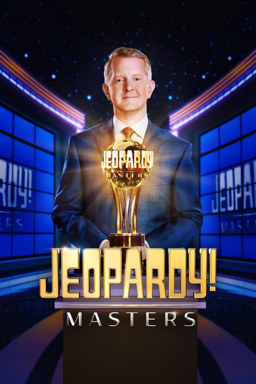The poster features a smiling man in a suit holding a golden trophy, set against a dark blue background with "Jeopardy!" and "Masters" text. The mood is celebratory and professional, emphasizing the prestige of the event.