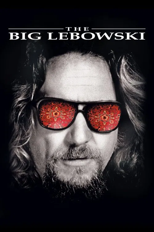 The poster features a group of characters in a bowling alley setting, with a large red bowling ball dominating the foreground. The warm, golden hues create a nostalgic and slightly humorous atmosphere. The characters are dressed casually, adding to the laid-back vibe. The title "The Big Lebowski"...