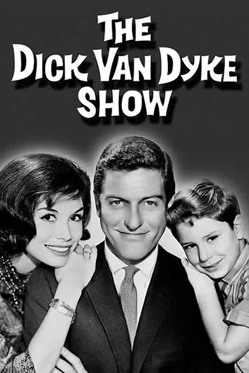 The Dick Van Dyke Show poster features a vintage television screen displaying a romantic scene between a woman in a pink dress and a man in a gray suit. The soft blue background and warm tones evoke a nostalgic, timeless mood, capturing the essence of classic television drama.
