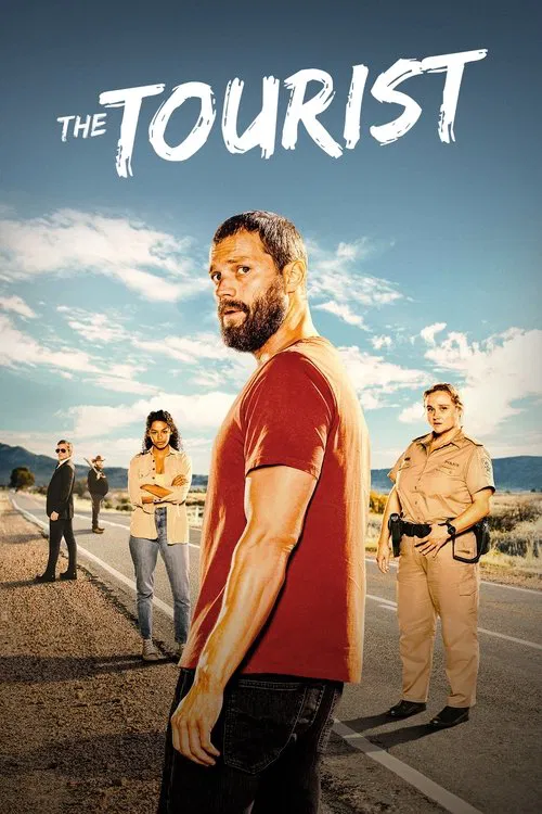The poster features a rugged man in a red shirt standing prominently in the foreground, exuding confidence against a backdrop of a desert landscape. Behind him, a police officer stands guard while two other individuals walk away in the distance, suggesting a story of exploration and law enforceme...