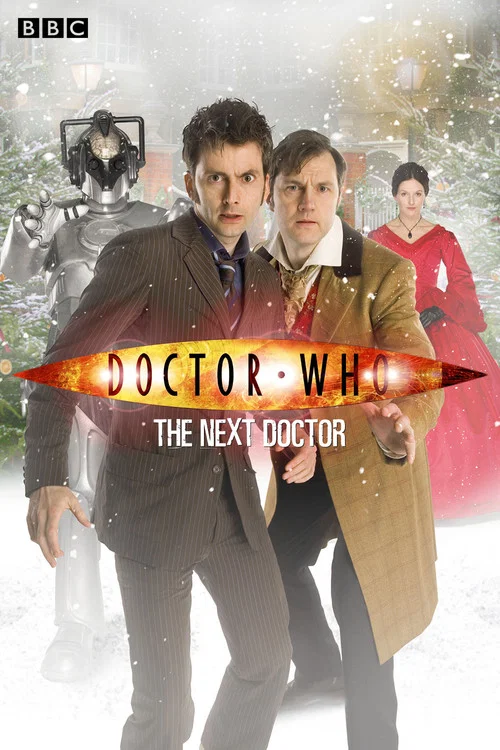 The poster features three characters in a snowy, magical setting. The central figure, the "Next Doctor," wears a brown suit and gestures confidently. To his left, a woman in a red dress stands with a concerned expression. To his right, a man in a green coat looks on with a serious demeanor. The b...