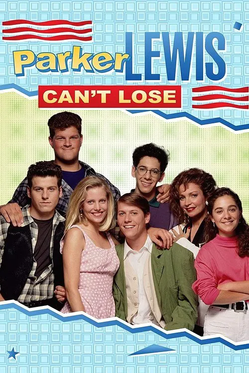 The poster features a vibrant collage of the main cast against a cheerful blue background with patriotic red and white stripes. The warm, inviting colors evoke a sense of fun and camaraderie, perfectly capturing the lively spirit of the show.