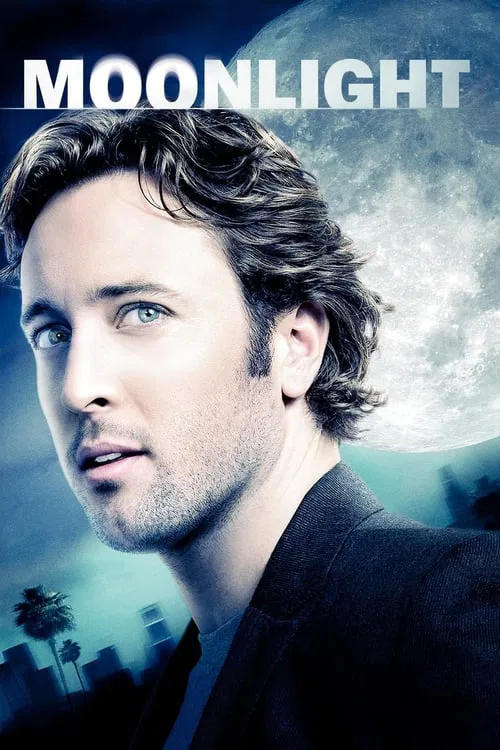 The poster features a contemplative man with dark hair and stubble, gazing thoughtfully against a backdrop of a full moon and silhouetted palm trees. The cool blue tones and mysterious atmosphere evoke a sense of introspection and melancholy.