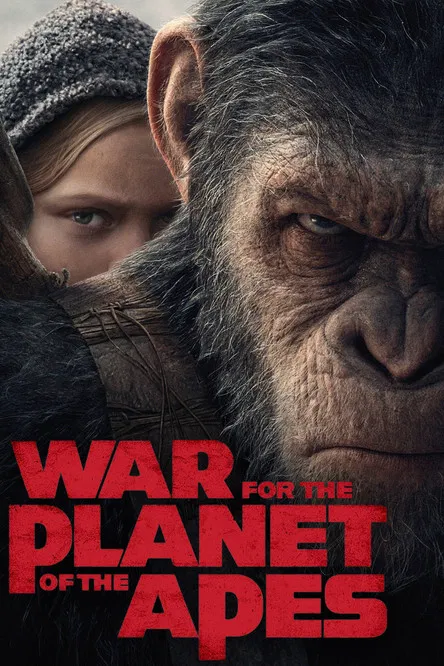 The poster features a rugged ape in a snowy, wintry scene, exuding a sense of resilience and survival. The bold red text "War for the Planet of the Apes" stands out against the muted, desaturated background, emphasizing the film's intense and dramatic tone.