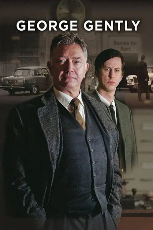 The poster features two men in formal suits against a muted, sepia-toned background. The mood is serious and cinematic, evoking the classic detective genre. The warm lighting and vintage car suggest a noir atmosphere.