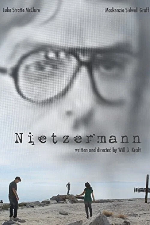 The poster features a haunting close-up of a man with glasses, evoking mystery and intrigue. Below, two figures stand on a desolate beach, their silhouettes against the sky, suggesting solitude and introspection. The muted tones and stark imagery create a somber mood, hinting at the film's themes...