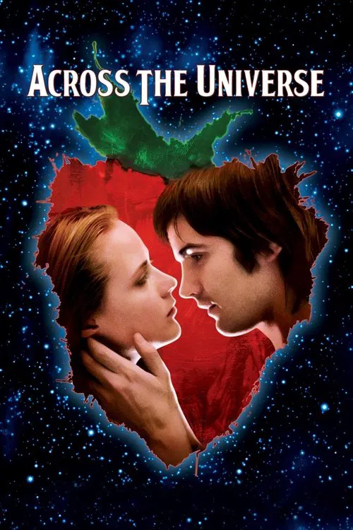 The poster features a romantic couple in a heart-shaped frame against a starry space backdrop. The warm tones of their faces contrast with the cool blue hues of the universe, evoking a sense of wonder and longing.