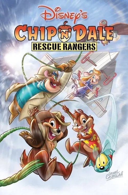 This Disney poster features Chip and Dale in action poses against a bright blue sky, with their colorful outfits and adventurous expressions conveying excitement. The playful composition captures the show's lively spirit, with characters ready for rescue missions.