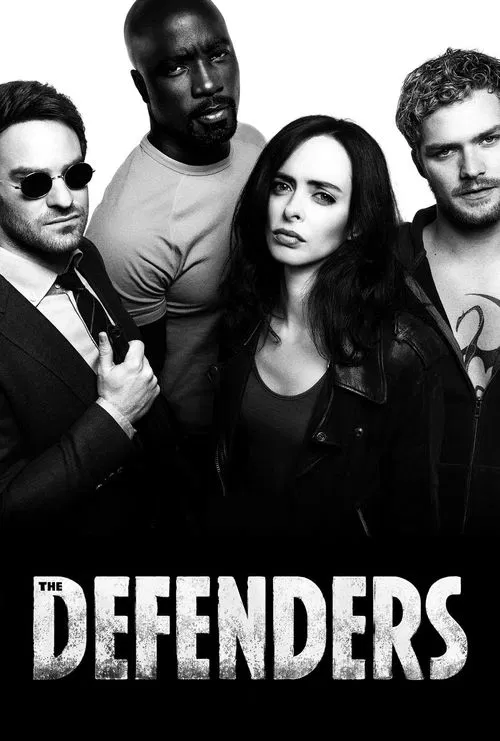 The poster features four muscular characters in a gritty, high-contrast black-and-white scene. They exude strength and determination, with one man in sunglasses and another shirtless, while the central woman in a dark top looks intense. The bold, distressed typography "THE DEFENDERS" anchors the ...