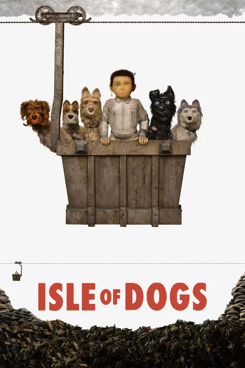 The poster features a whimsical wooden dock scene with a boy and four dogs, including a black cat and a white dog. The title "Isle of Dogs" is prominently displayed in bold red letters. The overall mood is playful and nostalgic, with a sepia-toned aesthetic that evokes a sense of vintage charm.