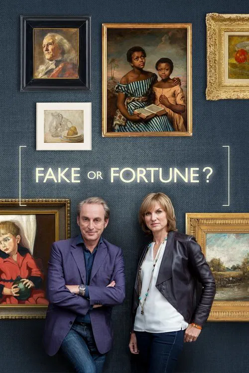 The poster features two men and a woman standing in front of a dark blue wall adorned with various paintings. The men, dressed in formal attire, exude confidence, while the woman, wearing a stylish jacket, adds a touch of elegance. The overall mood is mysterious and intriguing, suggesting themes ...