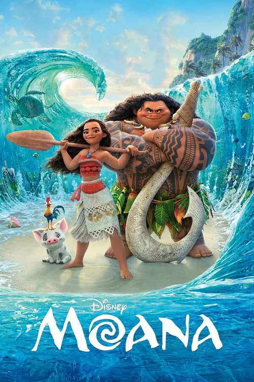 The poster features Moana, Maui, and his mother, with a vibrant turquoise ocean wave crashing behind them. The characters exude a sense of adventure and joy, set against a bright blue sky with distant mountains. The title "Moana" is prominently displayed at the bottom in bold white letters, captu...