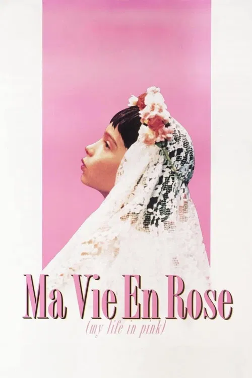 The poster features a woman in a white wedding dress with a floral headpiece, her head tilted back against a soft pink background. The title "Ma Vie En Rose" is prominently displayed in elegant script, evoking romance and nostalgia. The overall mood is serene and dreamy, capturing the essence of ...