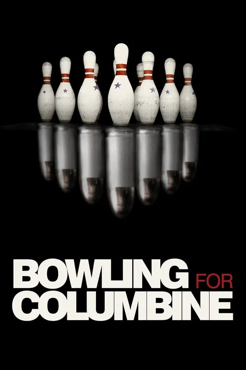 The poster features a man in a black hoodie and cap holding a blue bowling ball against a warm yellow background. The title "Bowling for Columbine" is prominently displayed in bold black letters. The mood is humorous and slightly chaotic, capturing the essence of the film's comedy.