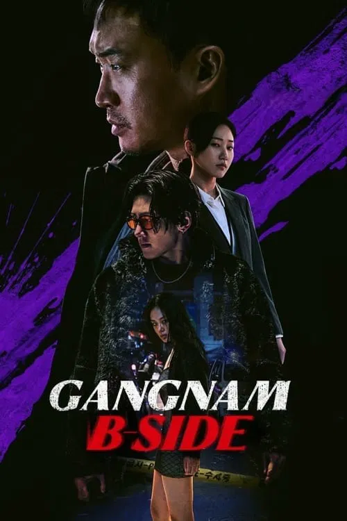 The poster features a dramatic scene with a man in a black jacket standing prominently against a dark, moody background. Behind him, smaller figures of other characters hint at a group dynamic. Vibrant purple hues contrast with the dark tones, creating an intense and mysterious atmosphere. The ti...