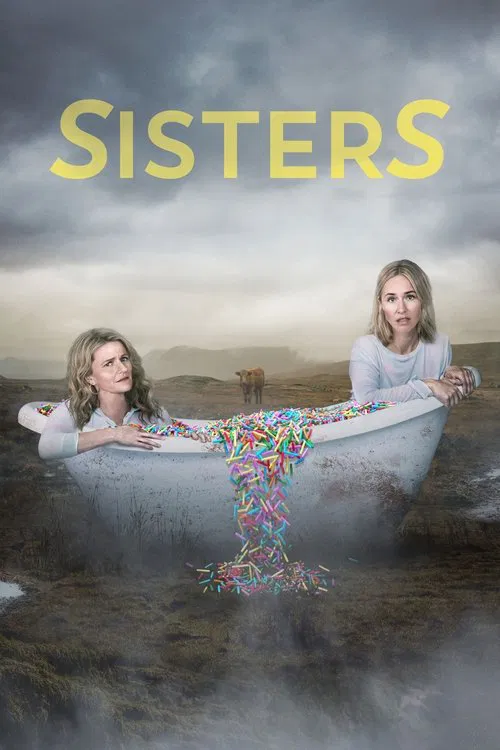 The poster features two women in a bathtub filled with colorful confetti, set against a moody, overcast sky. The warm yellow title contrasts with the cool, muted tones of the background, creating a dreamlike atmosphere.