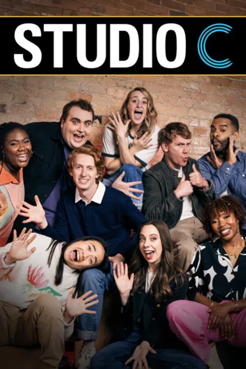 The poster features a lively group of diverse characters in casual, vibrant clothing against a warm brick wall backdrop. The energetic expressions and dynamic poses convey a fun, youthful, and creative atmosphere. Bold typography emphasizes the show's title, suggesting a modern, engaging narrative.