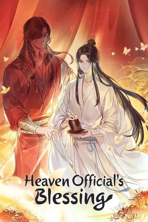 The poster depicts a tender scene with two characters in a warm, golden sunset setting. The man on the left, dressed in red, gently holds the woman in white, who is holding a small book. Their expressions convey deep affection and connection. The vibrant colors and soft lighting create a dreamy, ...