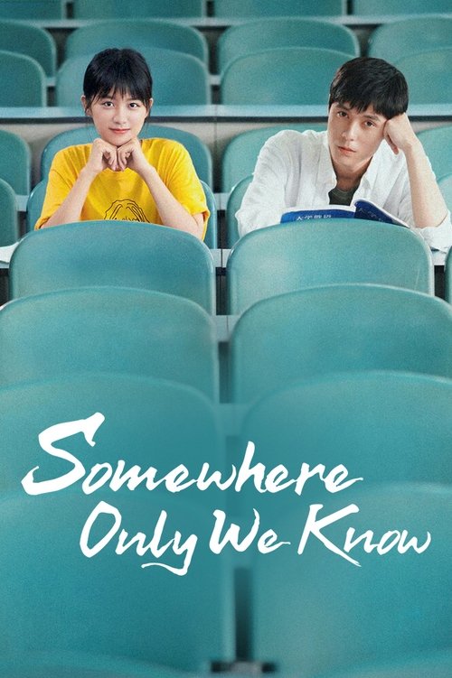 The poster features two young people sitting in rows of teal seats, with one person in a yellow shirt and the other in white, both looking thoughtful. The title "Somewhere Only We Know" is elegantly written in white script at the bottom. The muted colors and contemplative expressions evoke a sens...