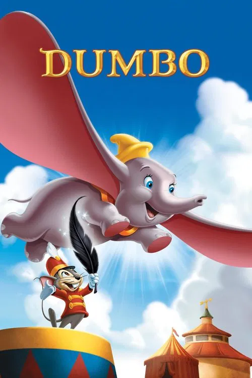 Dumbo's elephant, Dumbo, soars through a bright blue sky with wings spread wide. Mickey Mouse and the other characters cheer below, while a colorful castle looms in the distance. The vibrant colors and joyful mood create a whimsical, heartwarming atmosphere.