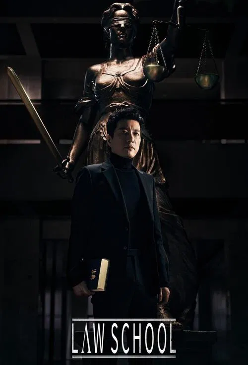 The poster features a dramatic scene with a woman in a black suit holding a law book, standing before a powerful figure of Lady Justice. The dark, moody atmosphere and the stark contrast between the woman's dark attire and the bright, golden scales create a sense of authority and mystery. The tit...