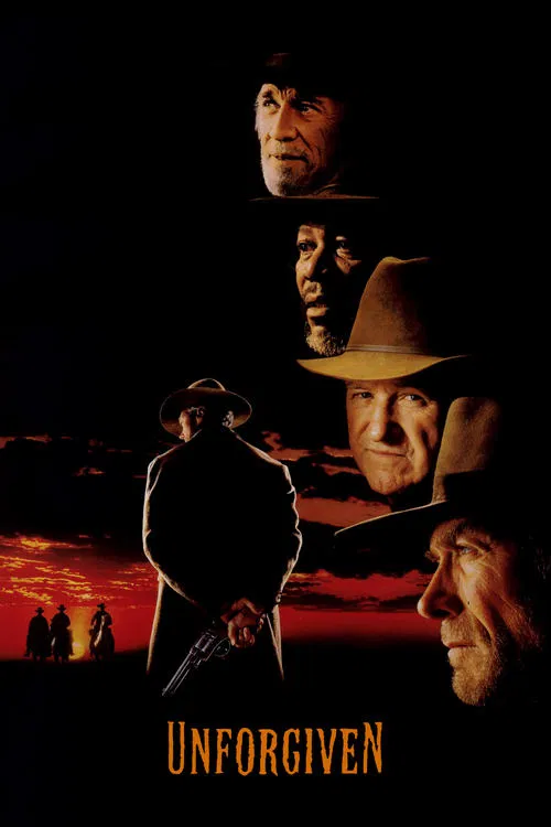 This dark, moody poster features four men in silhouette against a fiery sunset, evoking a gritty Western atmosphere. The title "Unforgiven" glows in gold at the bottom, suggesting themes of justice and redemption.