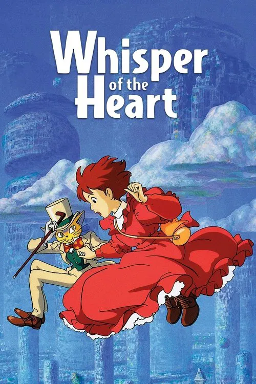 The poster features a vibrant red dress and red hair, evoking a sense of whimsical charm. The background showcases a dreamy blue sky with fluffy clouds, while the cityscape below hints at a magical or fantastical setting. The overall mood is playful and enchanting, capturing the essence of a magi...