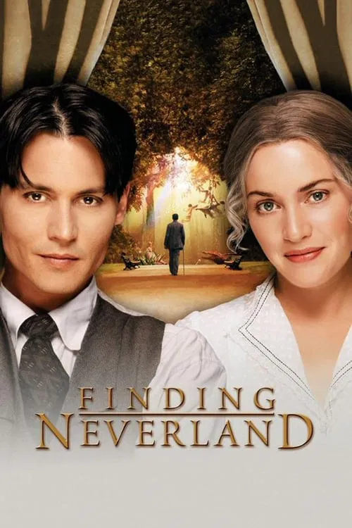 The poster features a man in a suit and a woman in a white dress, both looking forward with serious expressions. Behind them, a mysterious figure walks through a golden, dreamlike landscape under a canopy of trees, evoking a sense of mystery and hope. The title "Finding Neverland" is prominently ...