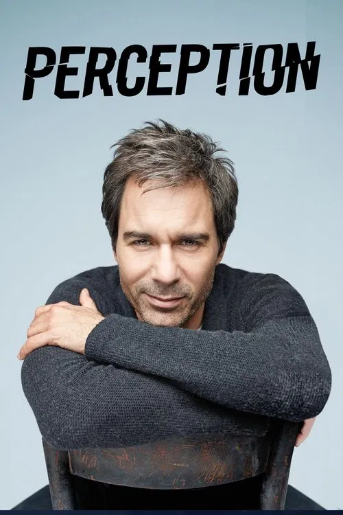 The poster features a man with a contemplative expression, leaning against a rusted chair against a plain blue background. The bold, black title "PERCEPTION" dominates the top, suggesting a psychological or philosophical theme. The muted tones and serious demeanor evoke introspection and depth.