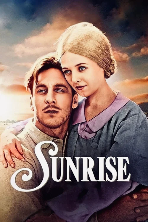 This vibrant poster features a dramatic scene with a woman in a pink dress, a man in a yellow shirt, and a drummer in the background. The bright yellow and blue colors create a dynamic, energetic atmosphere, while the bold text "SUNRISE" anchors the composition.