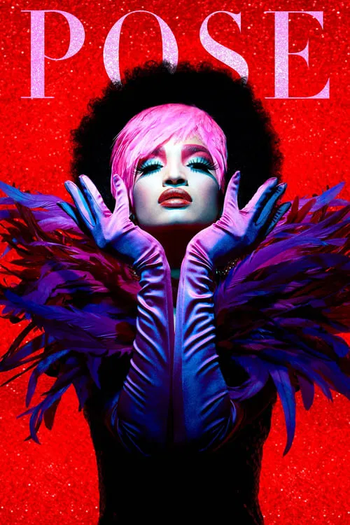 The poster features a striking figure with vibrant pink hair and dramatic makeup against a bold red background. The character wears an elaborate outfit with flowing purple feathers, creating a mysterious and theatrical atmosphere. The word "POSE" is prominently displayed at the top, emphasizing t...