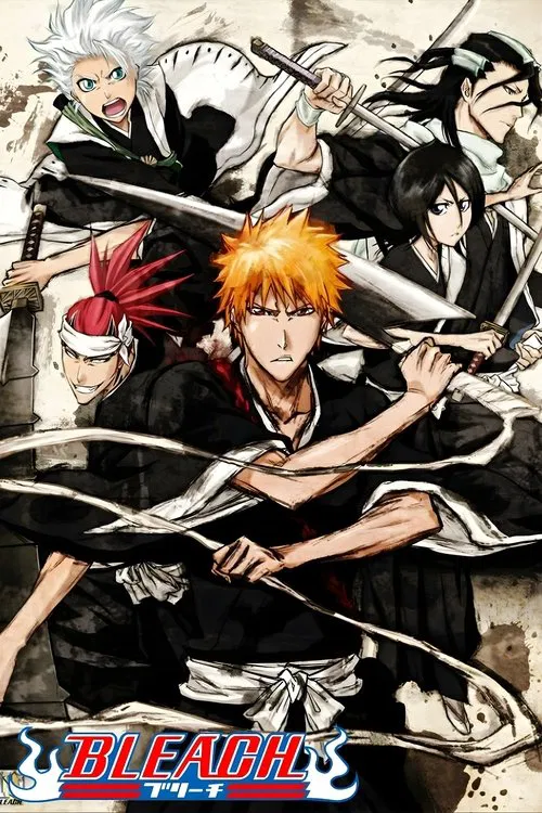 The poster features dramatic, intense characters in a dynamic pose against a vivid red background, conveying action and power. The bold white text "BLEACH" anchors the composition, emphasizing the show's supernatural themes.