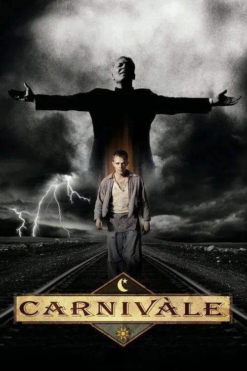 The poster features a dramatic, dark stormy sky with lightning, creating a ominous atmosphere. A man stands in the foreground, his arms outstretched as if embracing the darkness. Above him, a colossal figure with arms spread dominates the upper portion, symbolizing power or sacrifice. The title "...