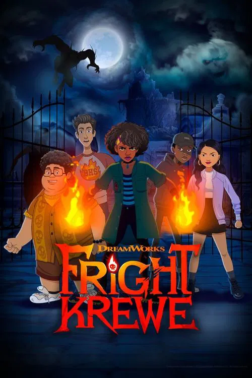 A spooky Halloween night, a group of kids stand in front of a haunted house, surrounded by flickering fire and a full moon. The dark, eerie atmosphere is enhanced by the red title text and the mysterious silhouette of a ghost.