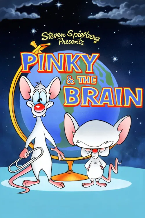 The poster features Pinky and the Brain soaring through a snowy sky, with Pinky as the pilot and Brain as the pilot's companion. Pinky wears a red hat and holds a rocket, while Brain flies beside him in a white suit. The scene captures a whimsical adventure with bright colors and a playful, adven...