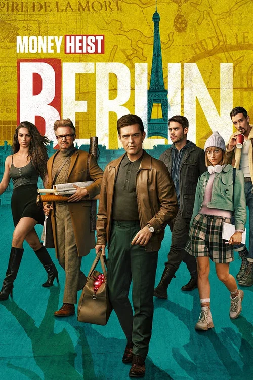 A vibrant TV poster for "Money Heist" featuring the main cast in dynamic poses against a colorful Berlin skyline backdrop. The poster uses bold colors like reds, yellows, and blues to create an energetic and adventurous mood, capturing the essence of the show's action-packed narrative.