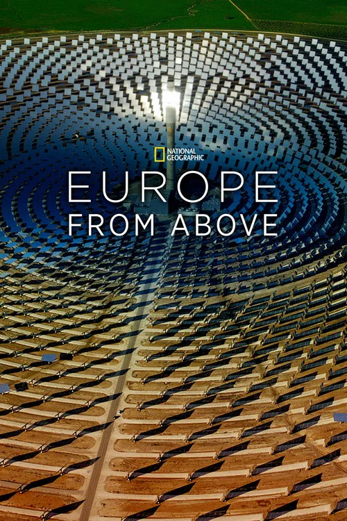 The poster features a panoramic view of the European landscape, with people scattered across the terrain. The colors are vibrant, blending earthy tones with deep blues and greens. The mood is contemplative, inviting viewers to imagine the vastness and diversity of Europe from above.