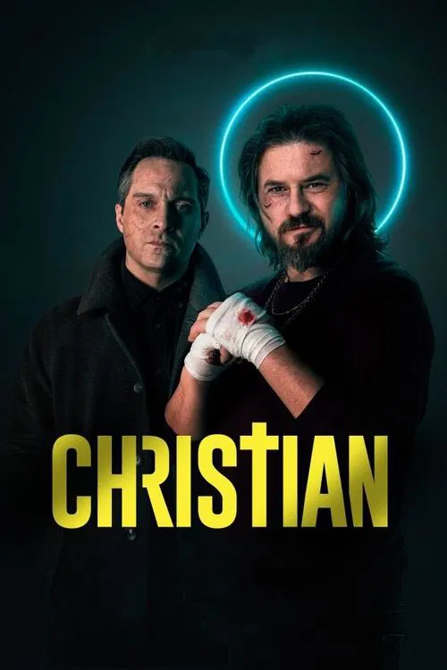 The poster features two men in dark clothing against a dark background, with one glowing blue halo around his head. The title "CHRISTIAN" is prominently displayed in bold yellow letters at the bottom. The overall mood is mysterious and dramatic, suggesting a supernatural or thriller genre.