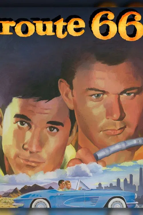 This vintage Route 66 poster features two men in a nostalgic, sun-drenched setting. The warm yellow and blue tones evoke a classic American travel vibe, capturing the essence of the era's iconic highway journey.