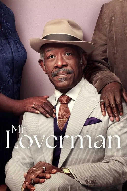The poster features a man in a white suit and hat, exuding confidence. A woman in a blue dress sits beside him, while another person's arm rests on his shoulder. The warm lighting and rich colors create an intimate and elegant atmosphere, suggesting a romantic or dramatic narrative.