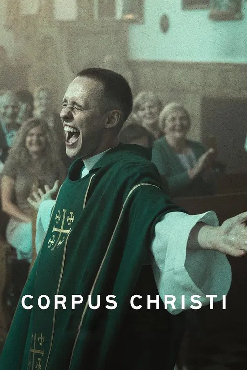 The poster features a contemplative man in a black robe with a white clerical collar, his face illuminated by a mysterious blue aura that seems to emanate from his forehead. The mood is serene yet mysterious, suggesting themes of spirituality and introspection. The title "Corpus Christi" is promi...