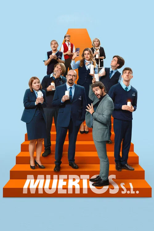 The poster features a dramatic, high-contrast image with a bald man in the foreground and a group of colleagues in the background, all set against a dark backdrop. The color scheme emphasizes the orange "MUERTOS S.L." banner, which stands out against the black. The mood is intense and professiona...