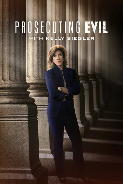 The poster features Kelly Siegler in a sharp blue suit against a dimly lit, classical architectural backdrop. The muted tones and dramatic lighting create an ominous yet professional mood, emphasizing the serious tone of the show.