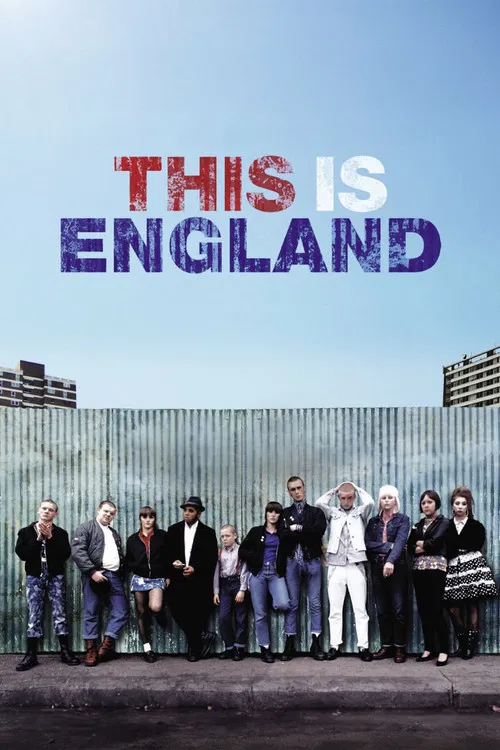 The poster features a group of British actors in colorful, eclectic clothing against a vibrant red and blue background. The central figure stands confidently, while others pose in various poses, creating a lively and engaging atmosphere. The bold text at the top emphasizes the film's theme of Bri...