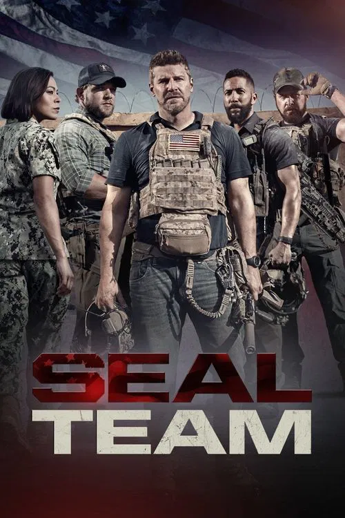 The poster features six soldiers in tactical gear against a backdrop of an American flag, with the title "SEAL TEAM" prominently displayed in bold red and white letters. The mood is serious and intense, capturing the essence of military readiness and teamwork.