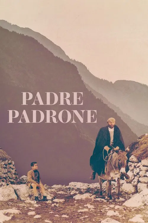 The poster features a rugged landscape with mountains in muted tones, evoking a sense of adventure and hardship. A man in a dark coat rides a donkey, while another figure sits nearby on a rocky outcrop. The warm, sepia-toned palette enhances the nostalgic and timeless feel of the scene.