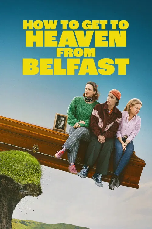 The poster features three characters sitting on a wooden bench against a bright blue sky, evoking a nostalgic, slightly melancholic mood. The warm yellow text contrasts with the cool blue background, creating a visually striking composition that hints at the show's blend of humor and heartwarming...