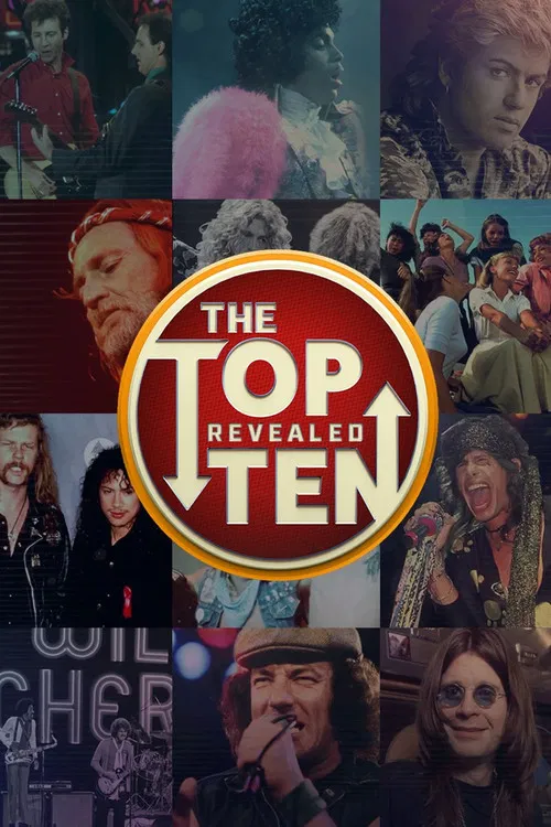 This vibrant poster showcases a collage of diverse musicians, each with their own unique style and personality. The warm, nostalgic colors evoke a sense of classic rock and roll, while the central "Top Ten Revealed" title stands out prominently. The overall mood is one of celebration and recognit...